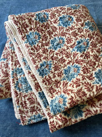 blue brown ikat floral antique french quilt cotton pique large super king bedcover whole cloth quilt