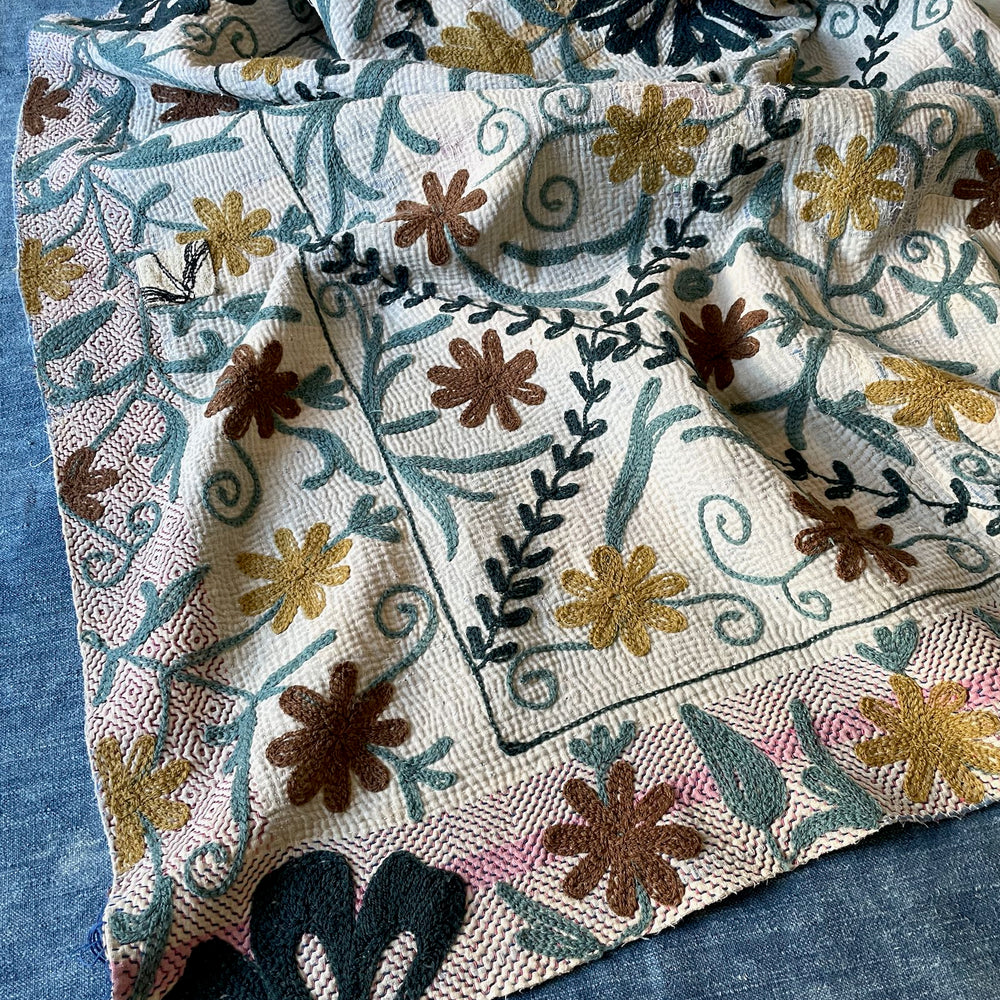 vintage kantha quilt suzani embroidered bedspread sofa throw wall hanging blue grey washable queen