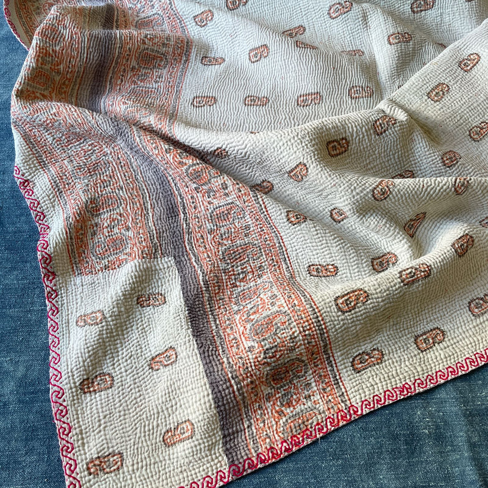 kantha quilt bedspread sofa throw light small paisley boteh coral lilac white washable pretty