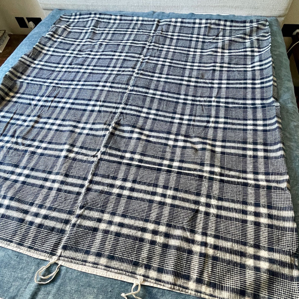 antique alsace kelsch fabric cover bed navy blue plaid check large washable french bedding