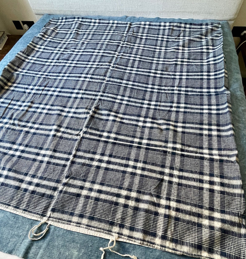 antique alsace kelsch fabric cover bed navy blue plaid check large washable french bedding