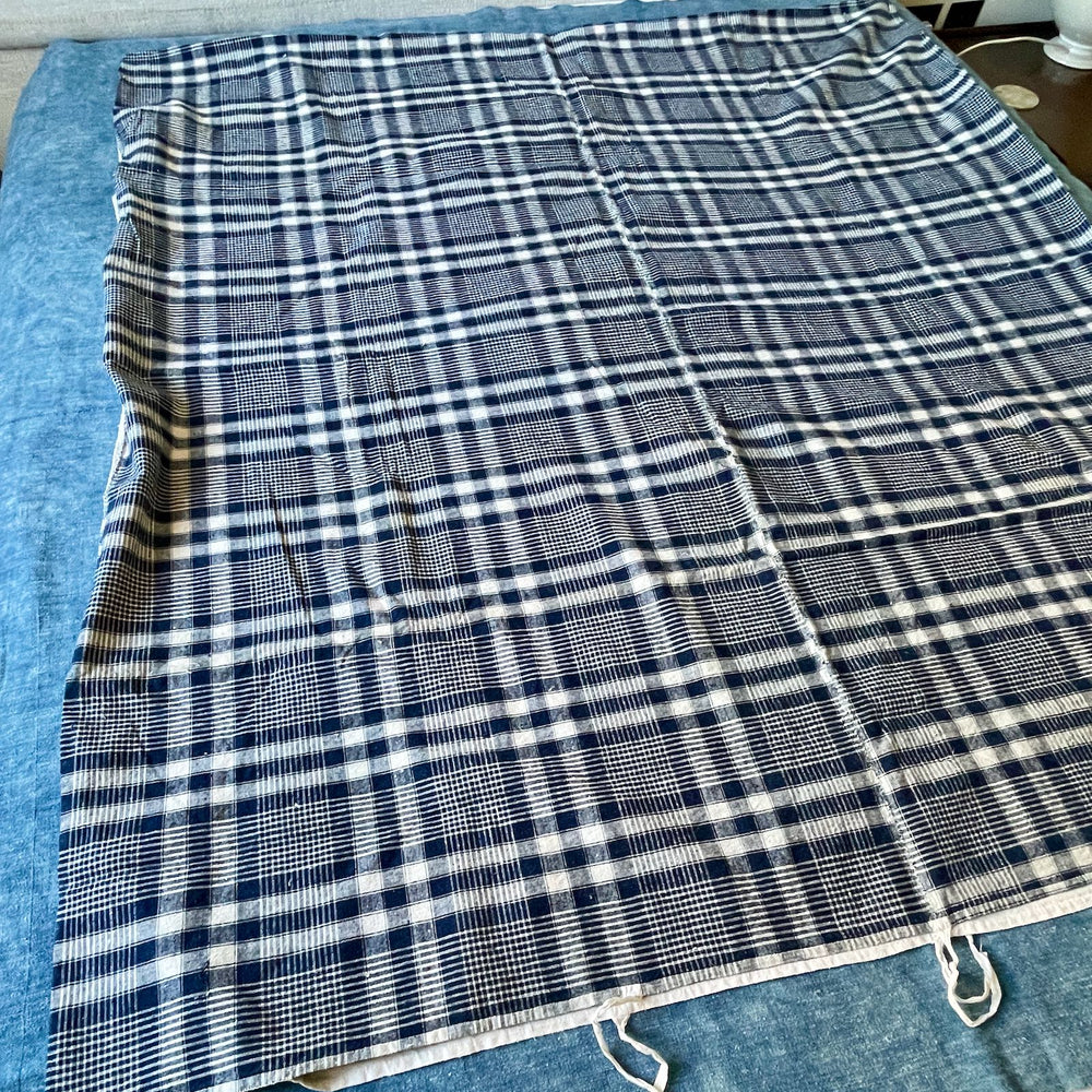 antique alsace kelsch fabric cover bed navy blue plaid check large washable french bedding