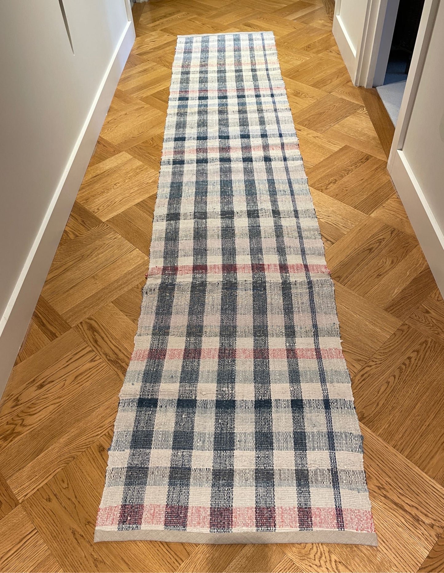 navy blue check runner plaid rug floor carpet trasmatta 3m long cotton vintage washable mat