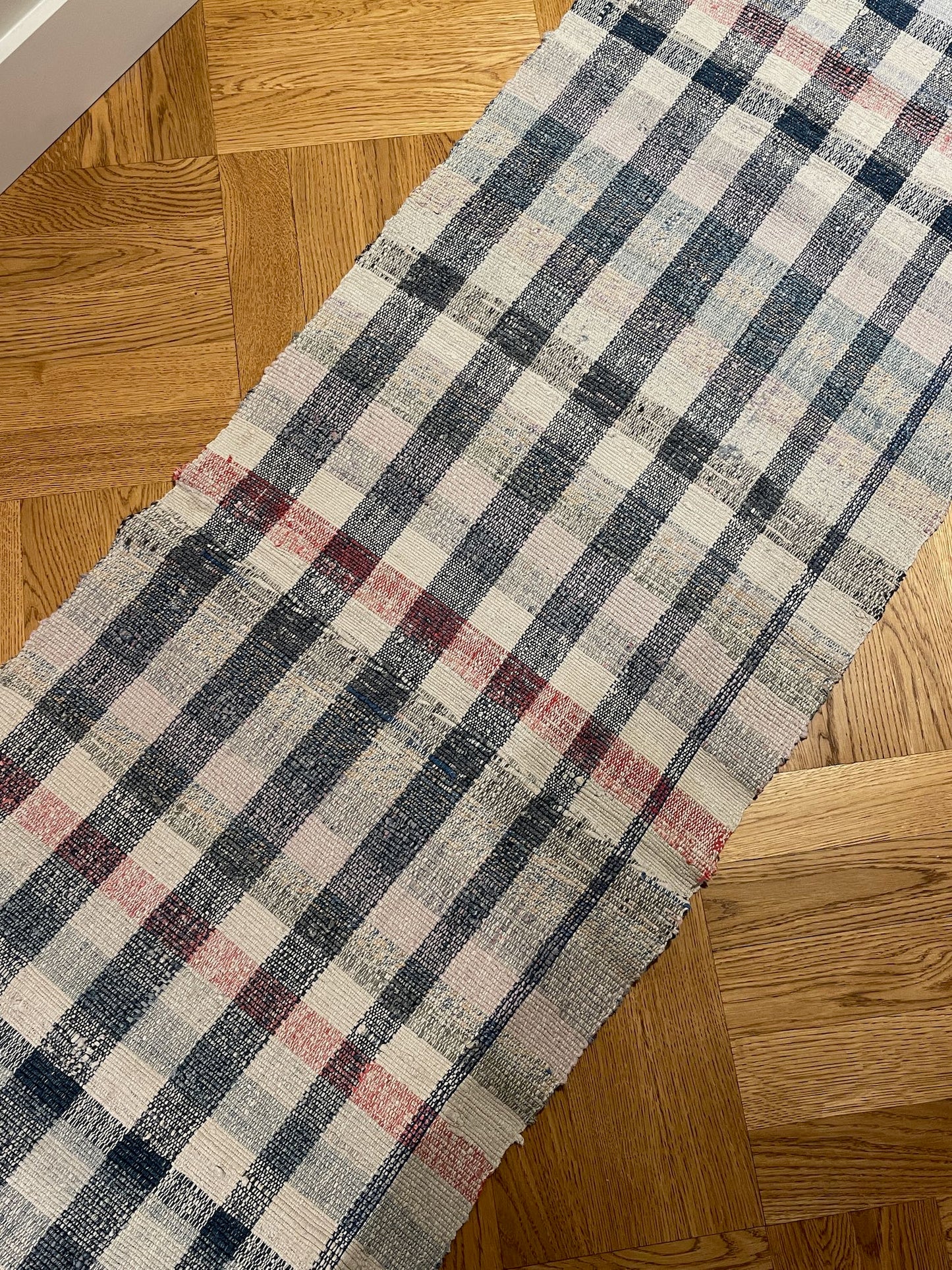 navy blue check runner plaid rug floor carpet trasmatta 3m long cotton vintage washable mat