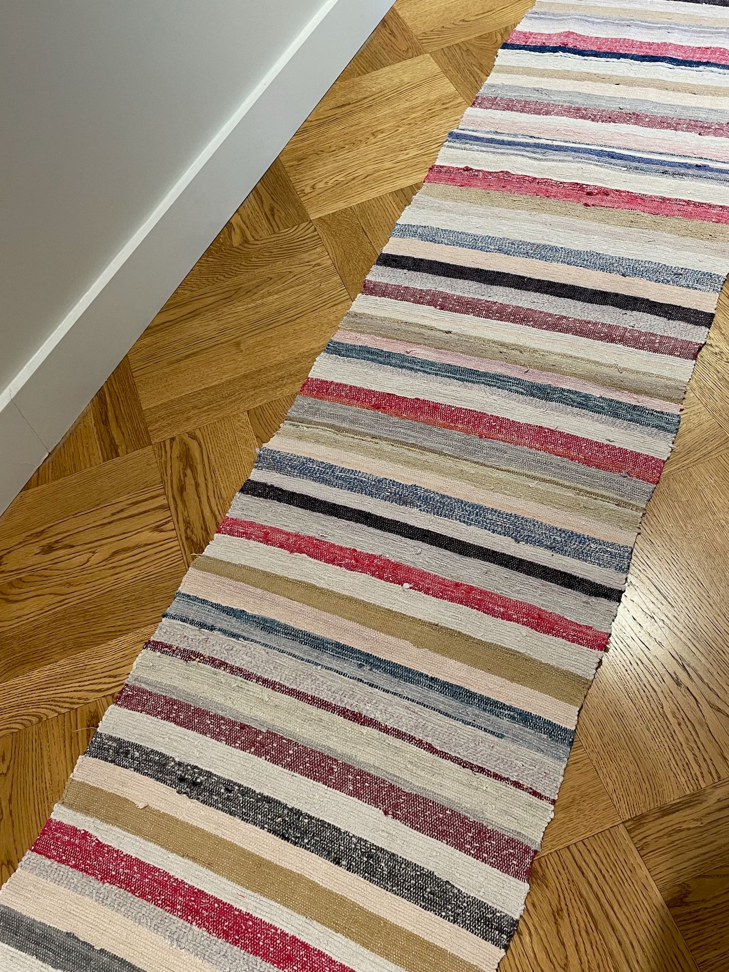 long floor runner striped red blue grey cream rag rug cotton washable mat hall carpet vintage