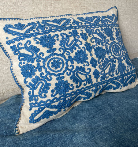 blue and cream embroidered irasos cushion vintage hungarian pillow folk textile 