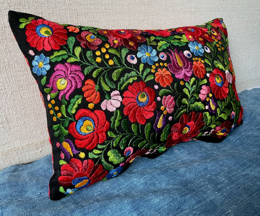 vintage matyo embroidered floral cushion Hungarian folk textile hand stitched small pillow