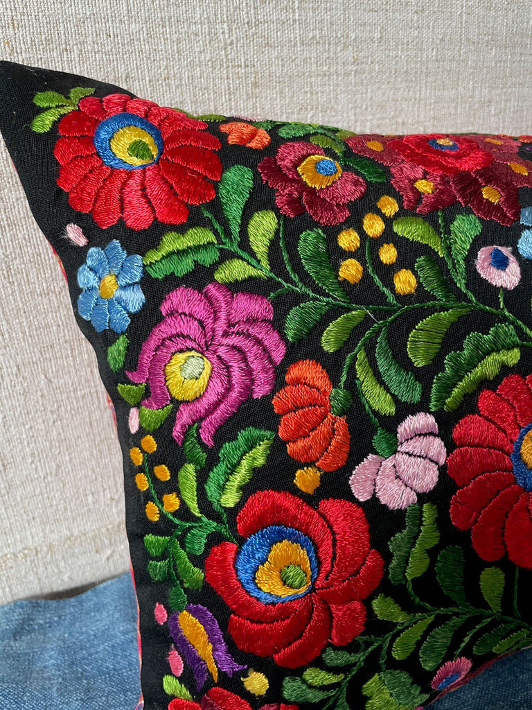 vintage matyo embroidered floral cushion Hungarian folk textile hand stitched small pillow