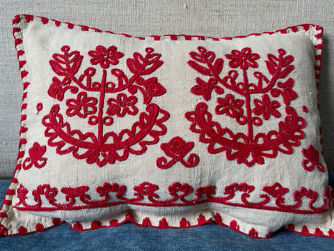 vintage embroidered red cream linen cushion irasos hand stitched pattern hungarian folk textile