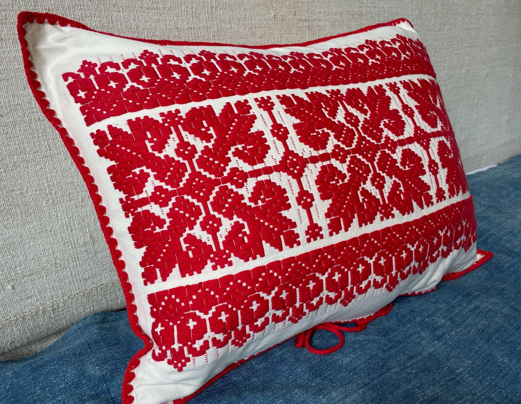 red and cream cushion embroidered with snowflake design vintage Hungarian pillow folk textile