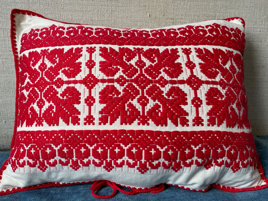 red and cream cushion embroidered with snowflake design vintage Hungarian pillow folk textile