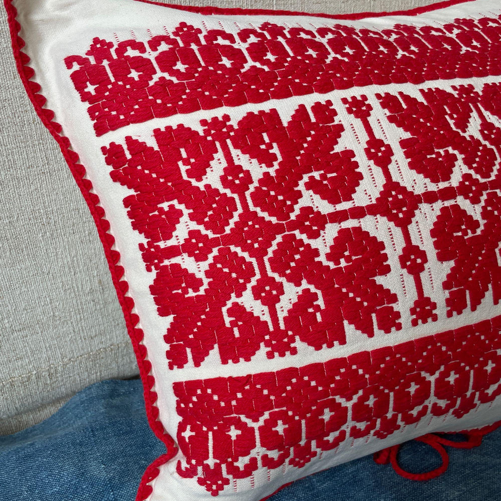 
                  
                    red and cream cushion embroidered with snowflake design vintage Hungarian pillow folk textile
                  
                