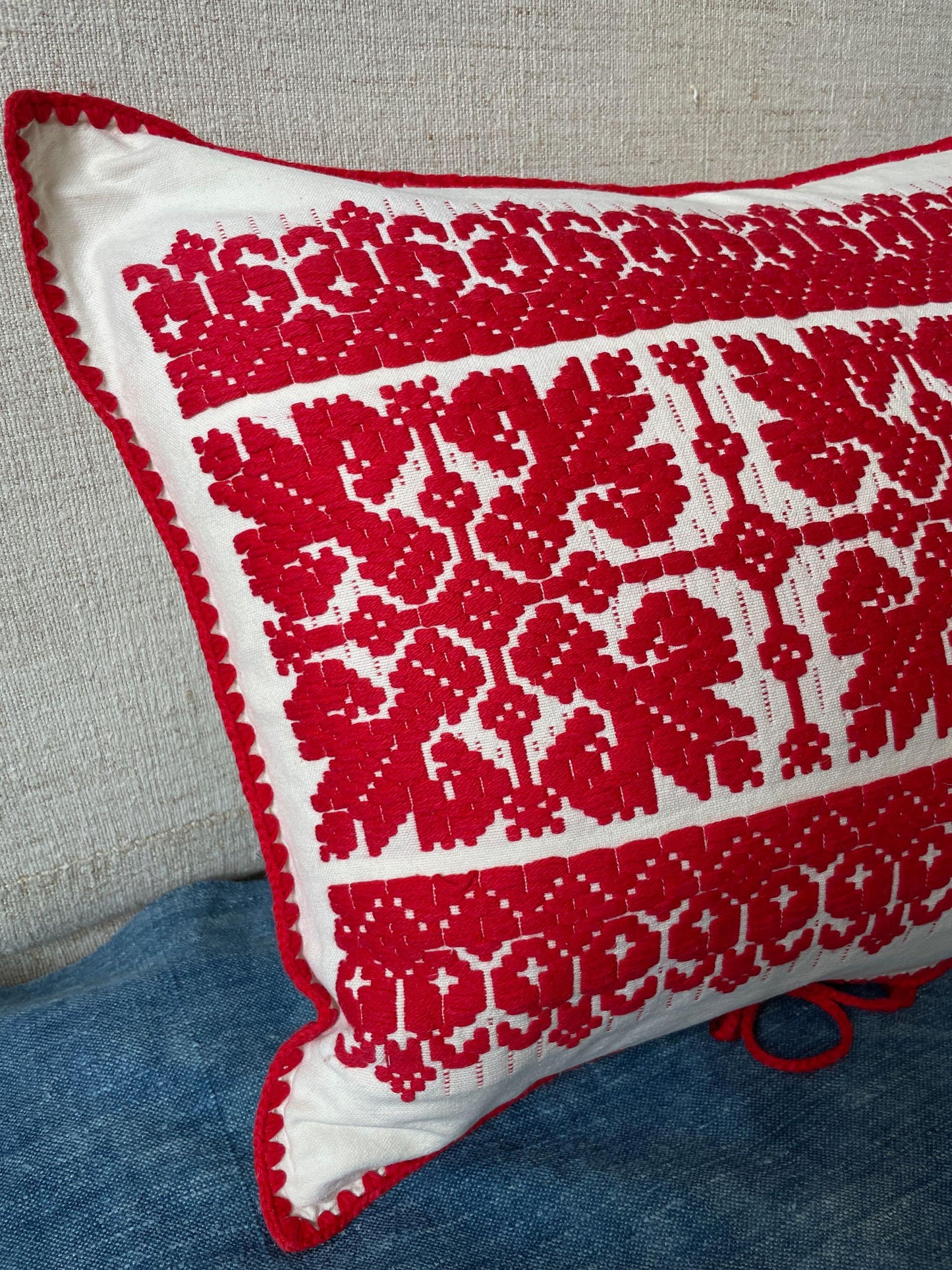 
                  
                    red and cream cushion embroidered with snowflake design vintage Hungarian pillow folk textile
                  
                