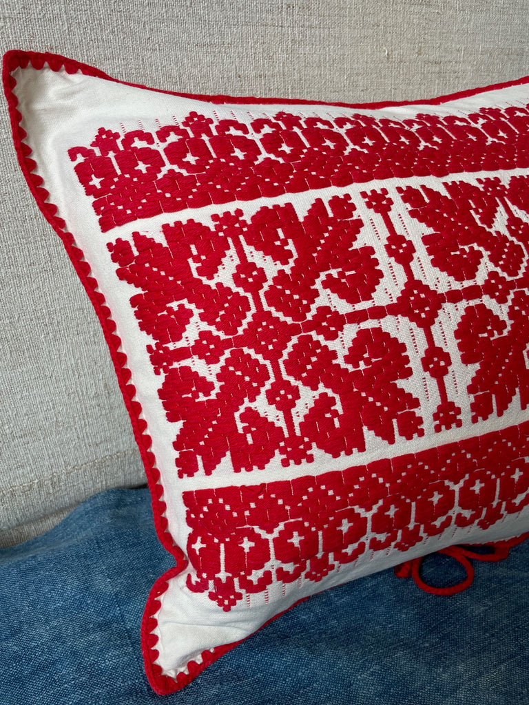 red and cream cushion embroidered with snowflake design vintage Hungarian pillow folk textile
