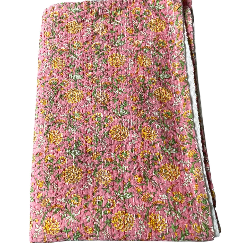 pink yellow cream candy single quilt bedspread kantha sofa throw comforter block print washable