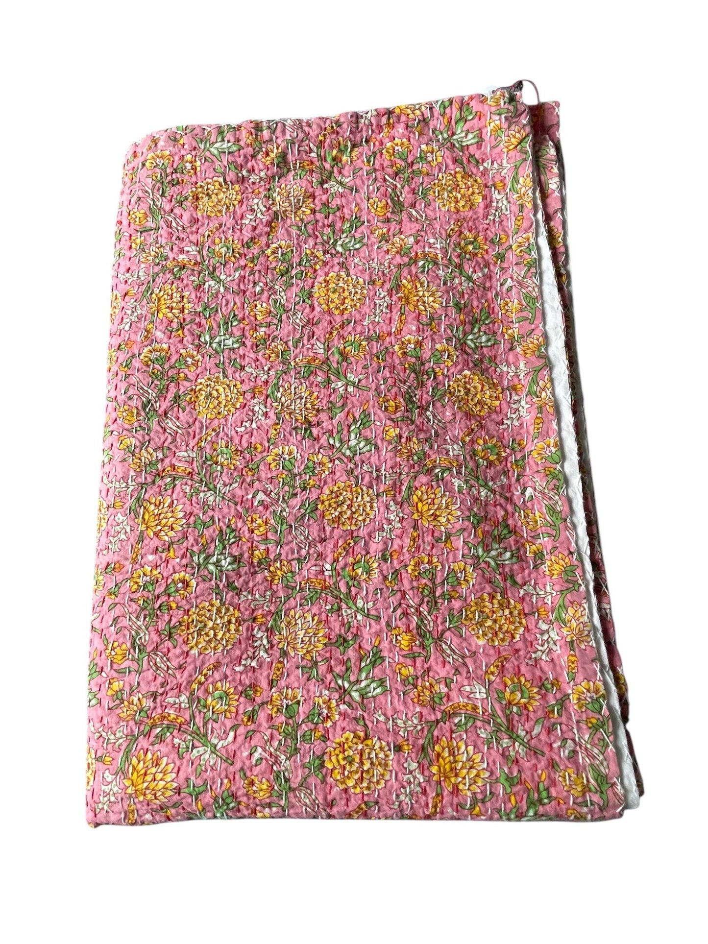 pink yellow cream candy single quilt bedspread kantha sofa throw comforter block print washable