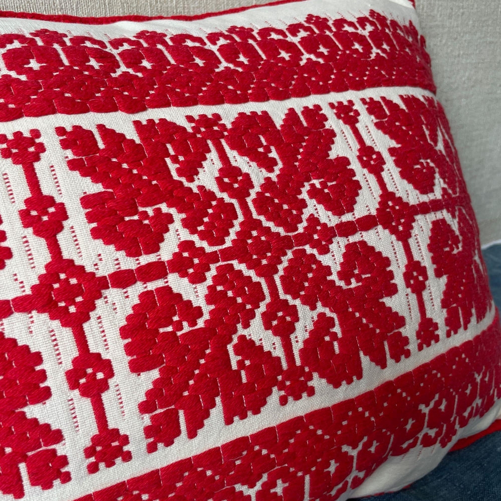 
                  
                    red and cream cushion embroidered with snowflake design vintage Hungarian pillow folk textile
                  
                