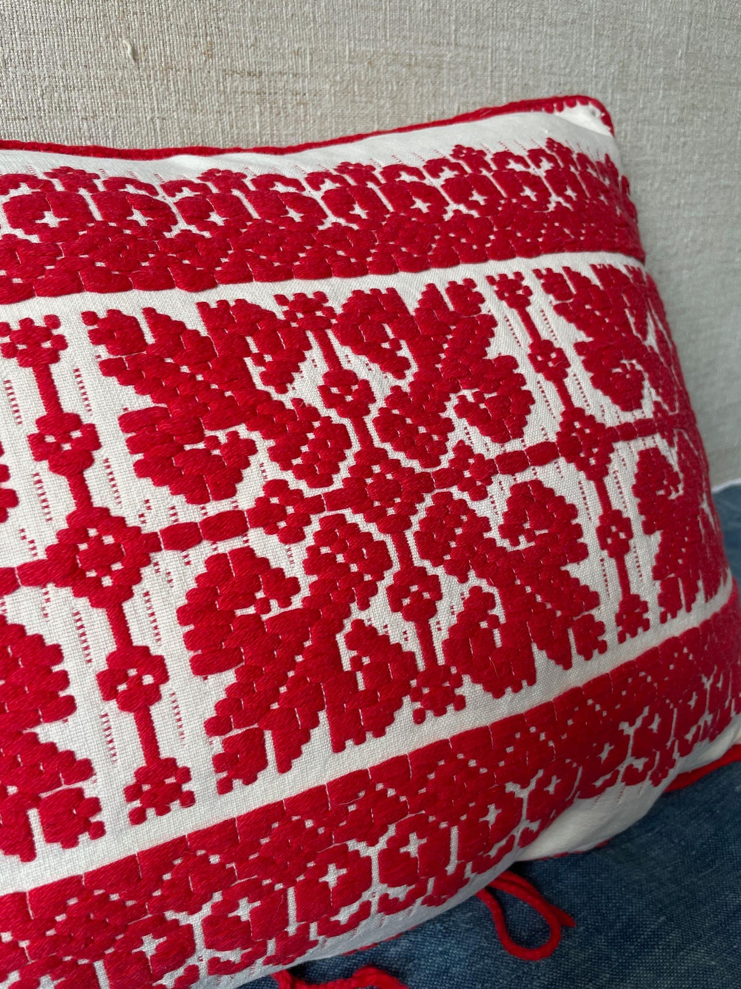 
                  
                    red and cream cushion embroidered with snowflake design vintage Hungarian pillow folk textile
                  
                