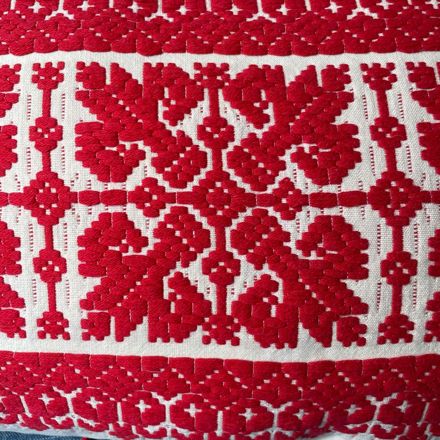 
                  
                    red and cream cushion embroidered with snowflake design vintage Hungarian pillow folk textile
                  
                