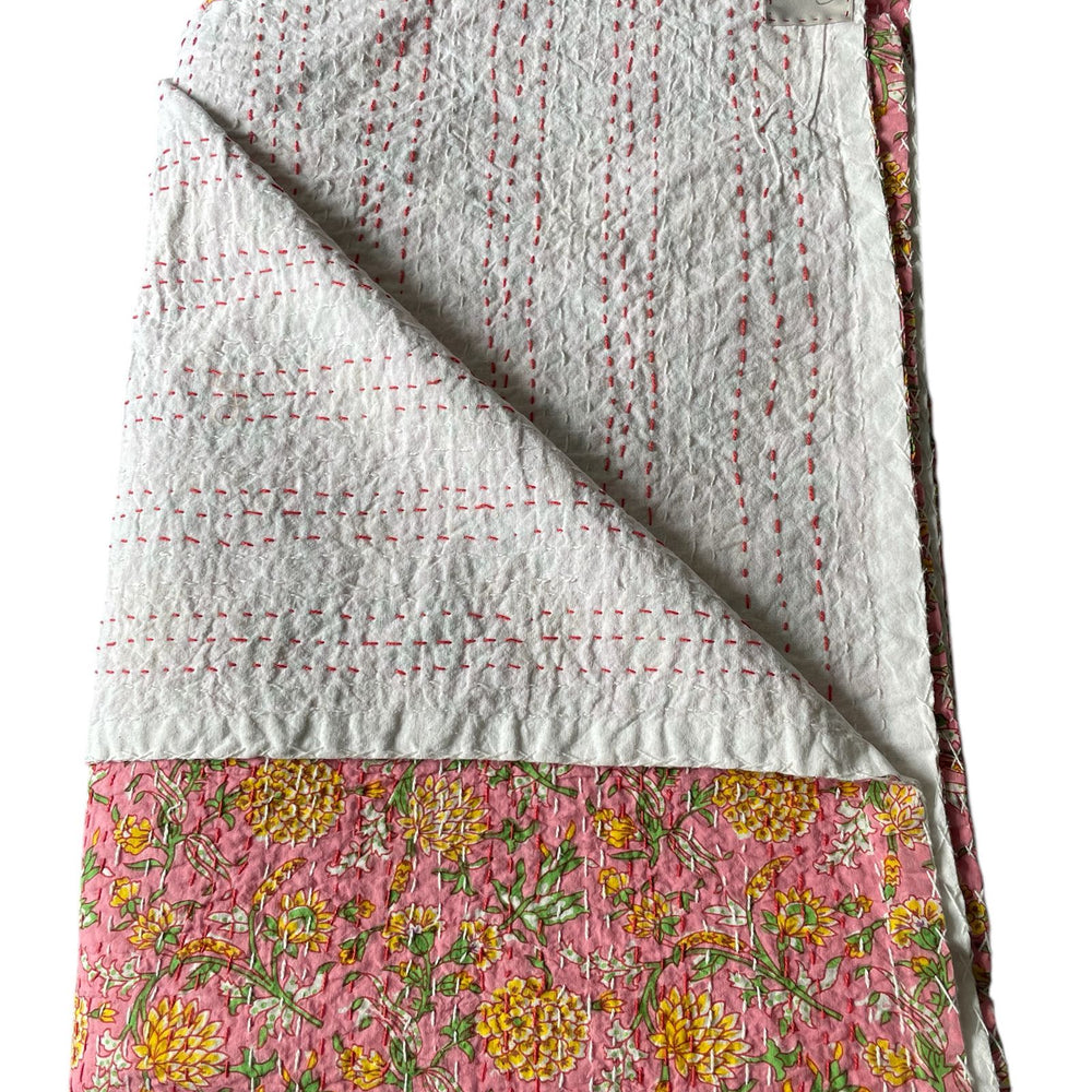 
                  
                    pink yellow cream candy single quilt bedspread kantha sofa throw comforter block print washable
                  
                