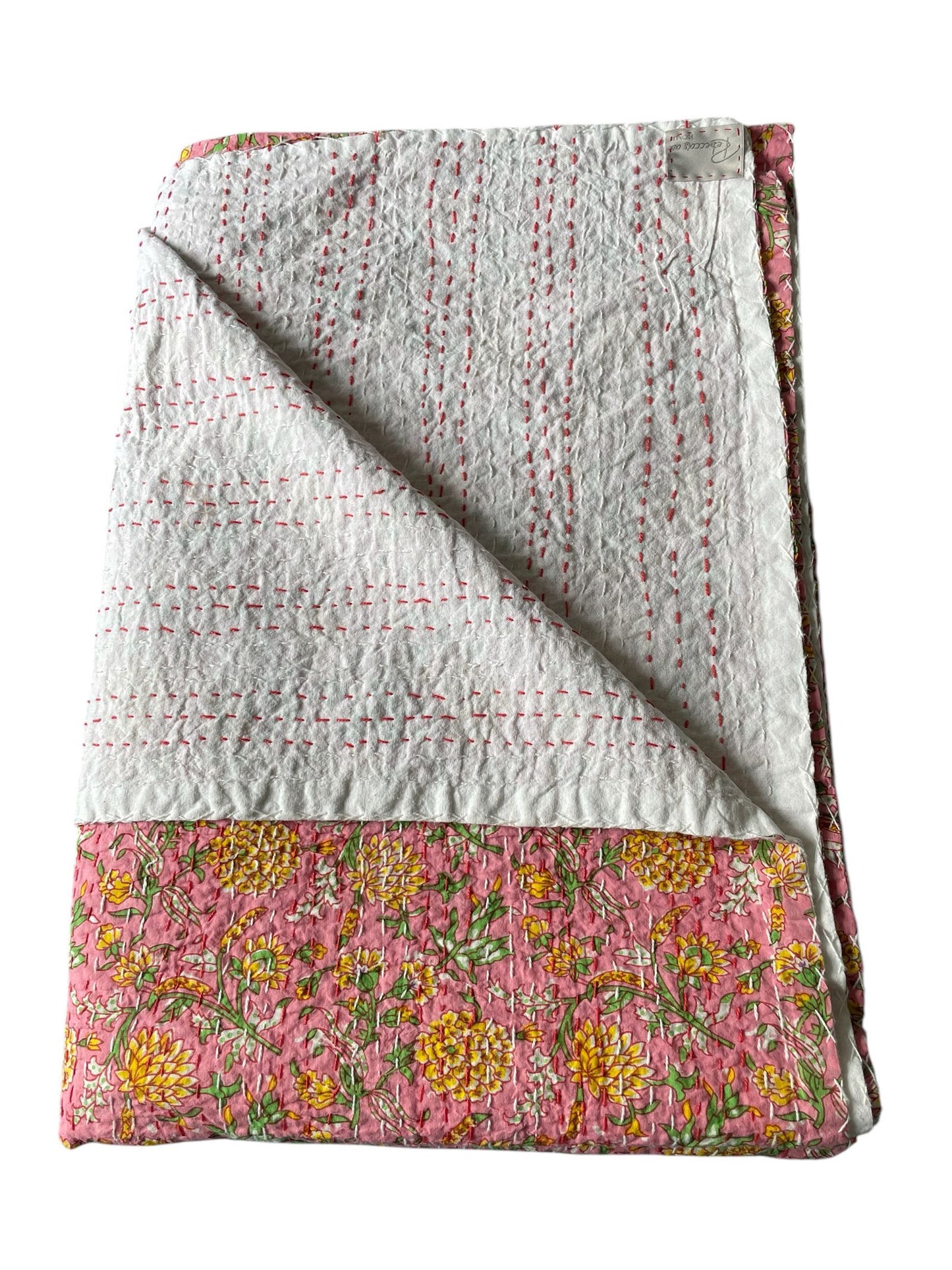 
                  
                    pink yellow cream candy single quilt bedspread kantha sofa throw comforter block print washable
                  
                