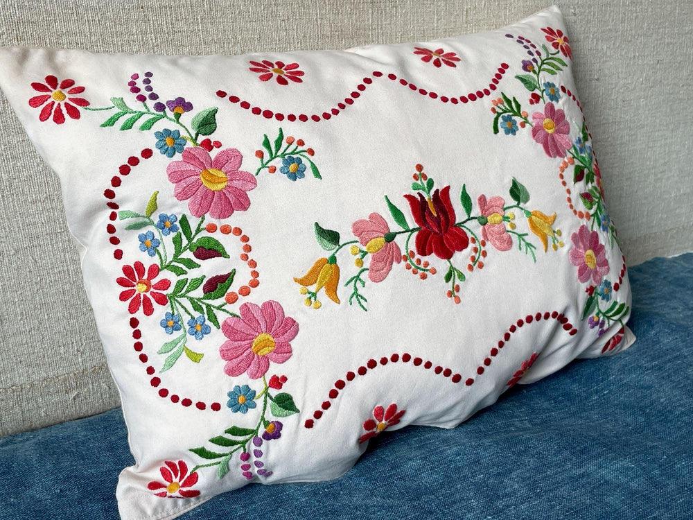 pretty pink red floral embroidered cushion hand stitched pillow vintage hungarian folk art textile