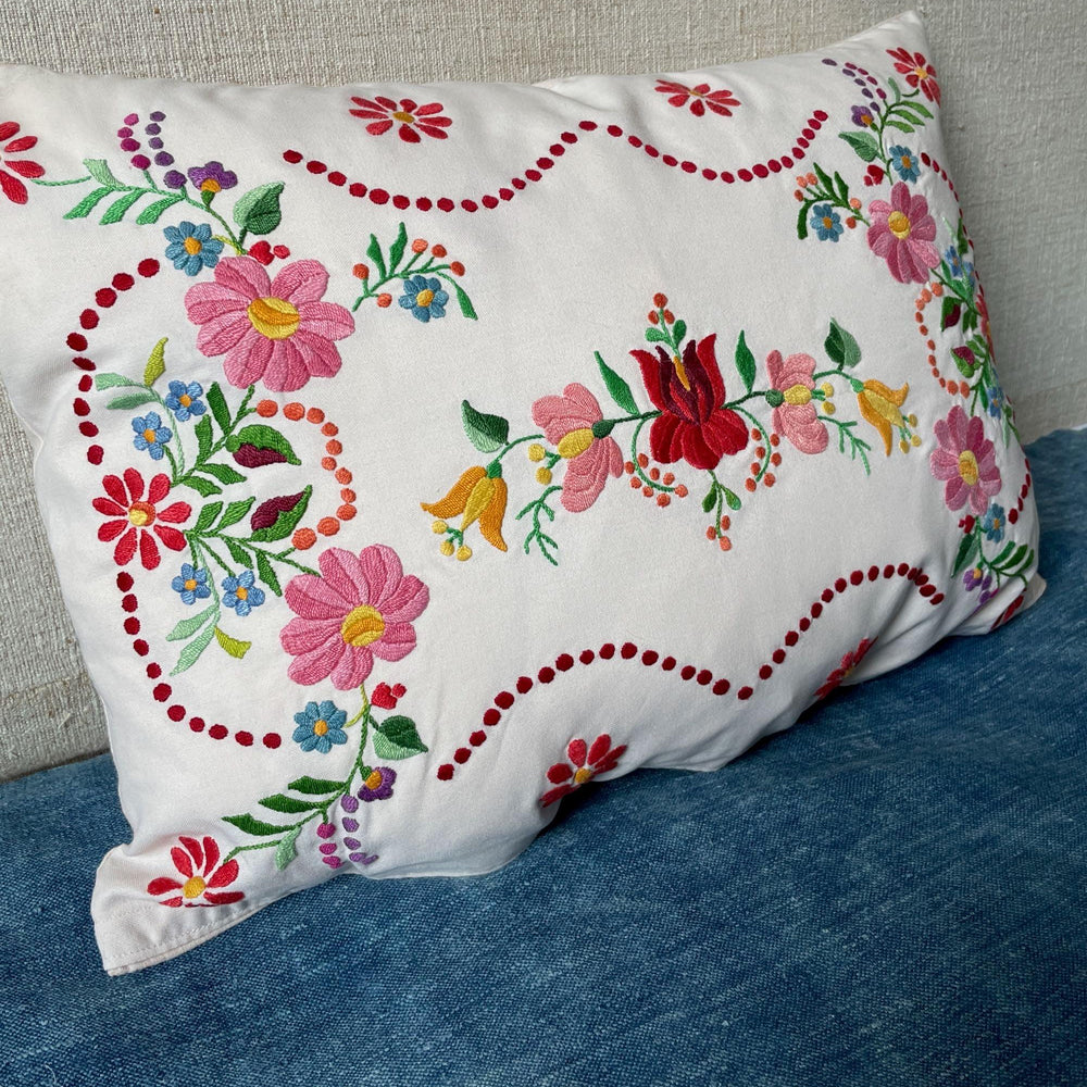 
                  
                    pretty pink red floral embroidered cushion hand stitched pillow vintage hungarian folk art textile
                  
                