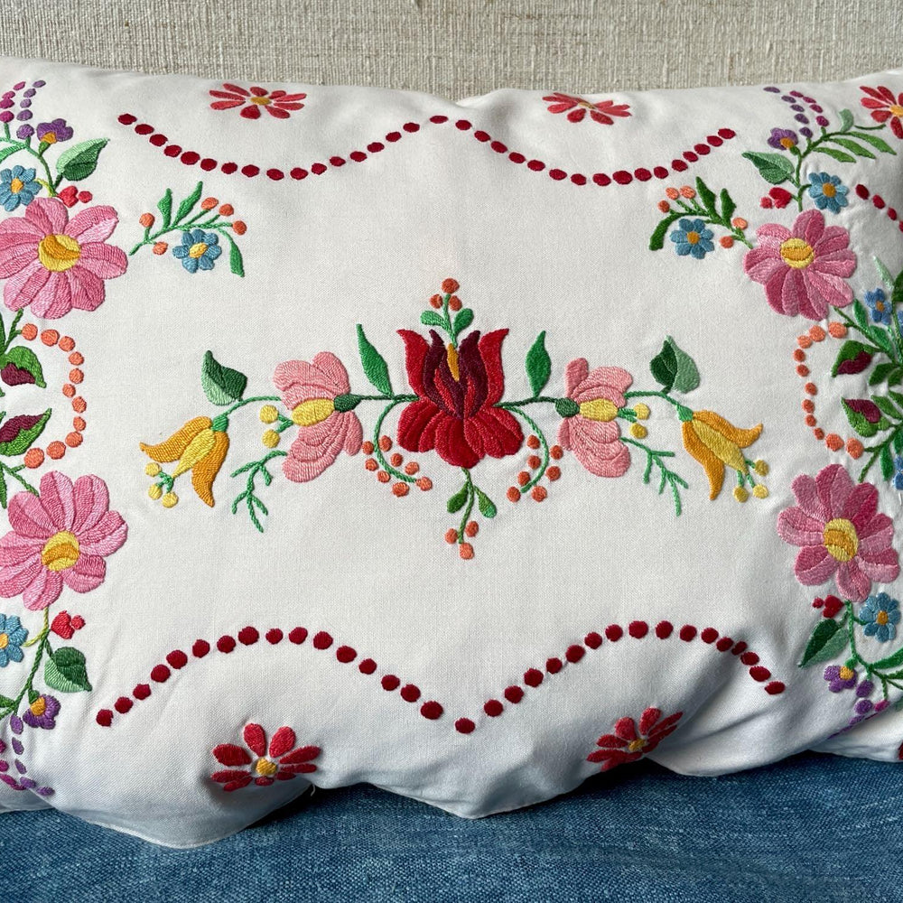 
                  
                    pretty pink red floral embroidered cushion hand stitched pillow vintage hungarian folk art textile
                  
                