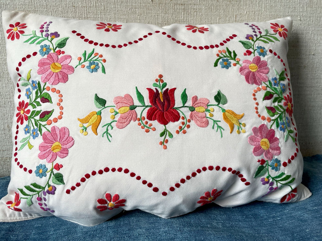 pretty pink red floral embroidered cushion hand stitched pillow vintage hungarian folk art textile