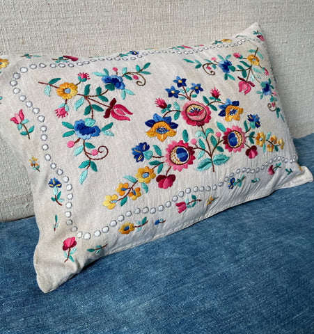 small rectangular embroidered floral pillow vintage hungarian folk art cushion hand stitched
