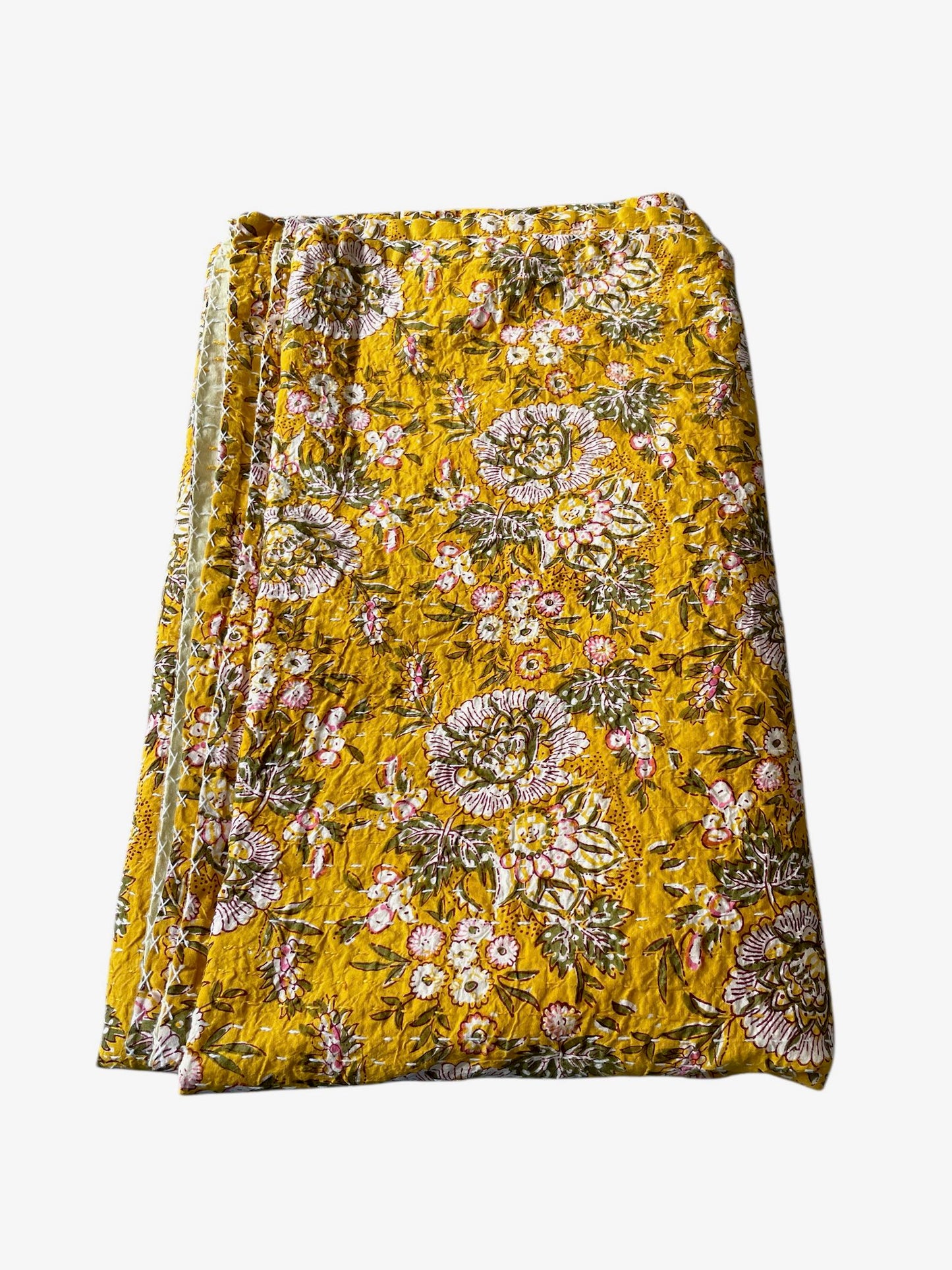 yellow pink green quilt large bedspread king cotton bedcover blockprint washable flowery