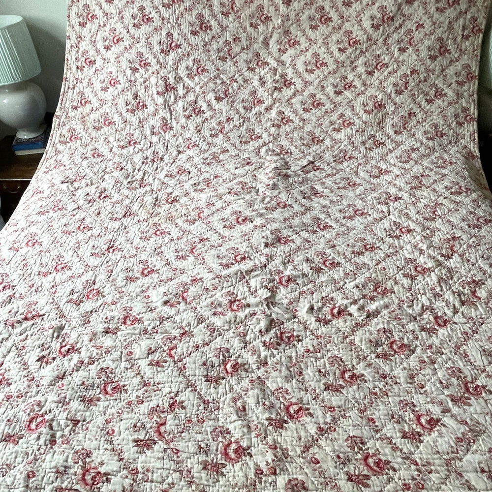 large antique french quilt pink white roses floral print linen pretty double pique comforter