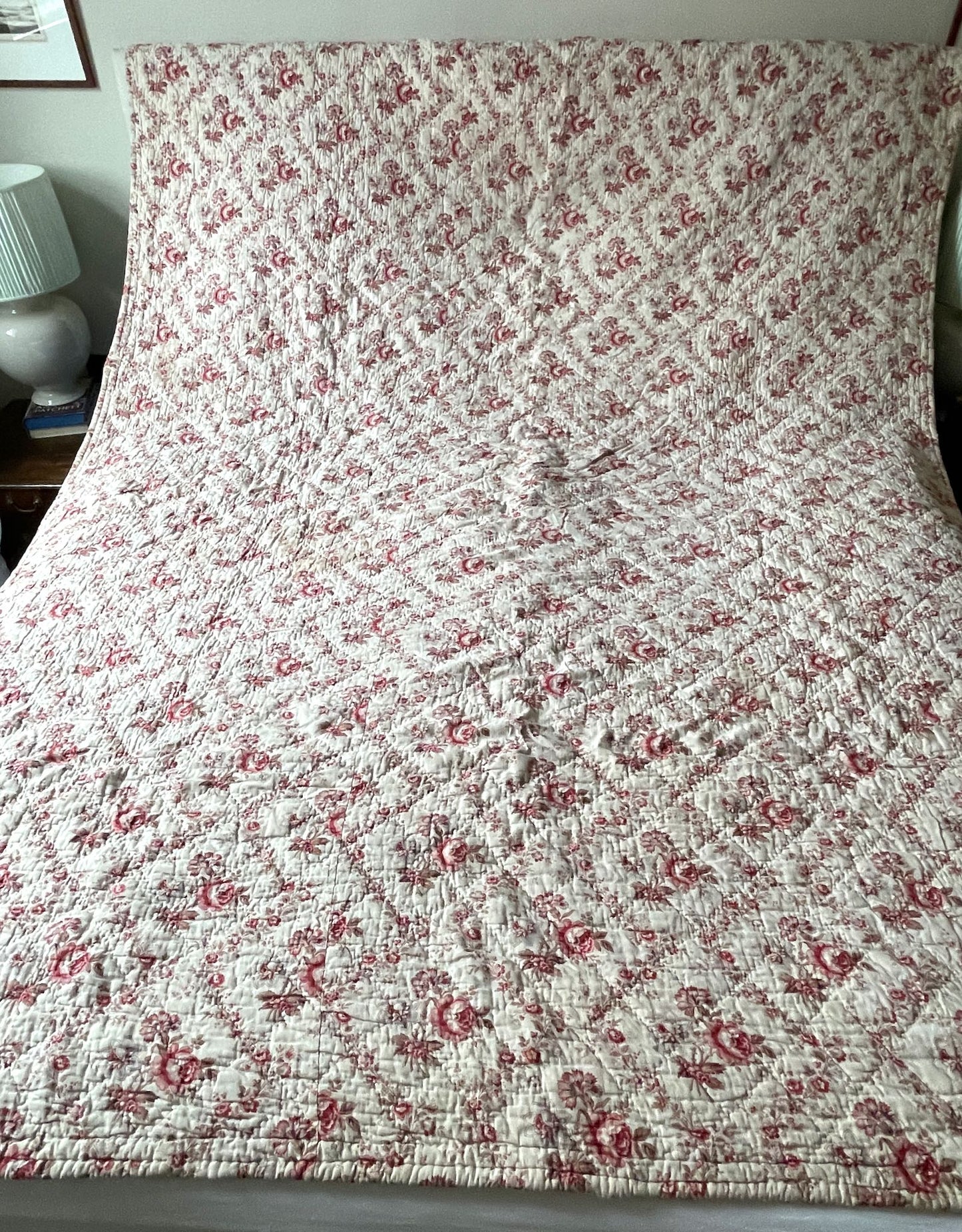 large antique french quilt pink white roses floral print linen pretty double pique comforter