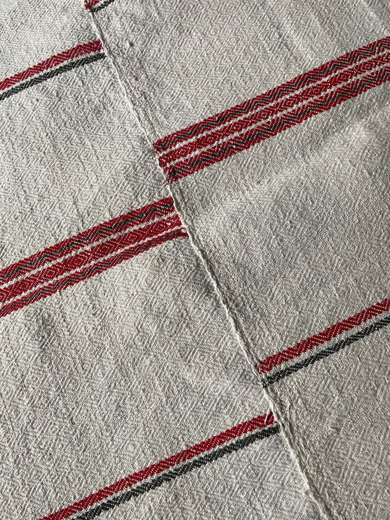 striped hemp throw in cream with red grey stripes vintage east european textile for cushions