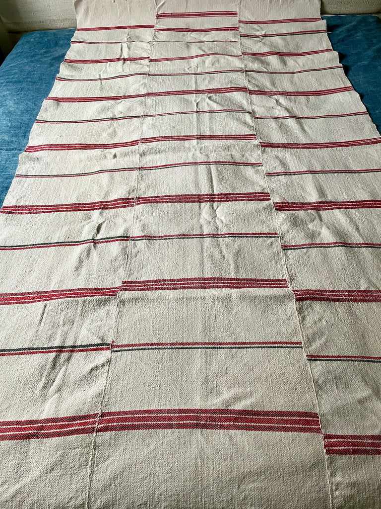 striped hemp throw in cream with red grey stripes vintage east european textile hardwearing 