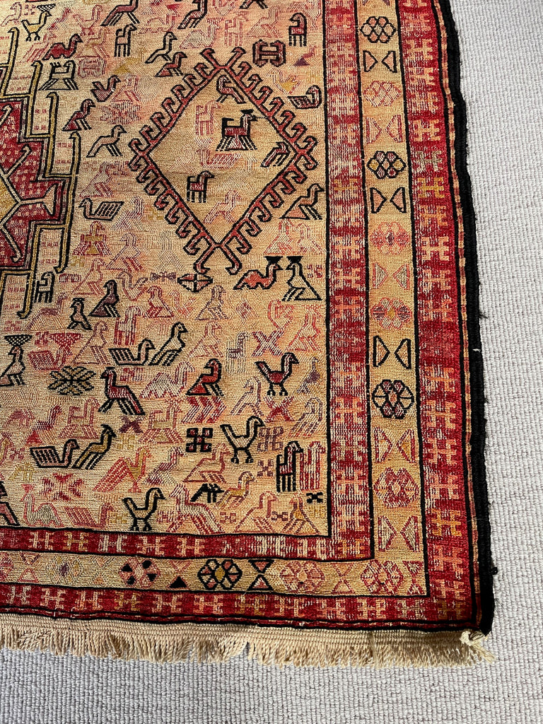 vintage small turkish carpet, terracotta with birds animals kilim rug tribal soumak kelim 