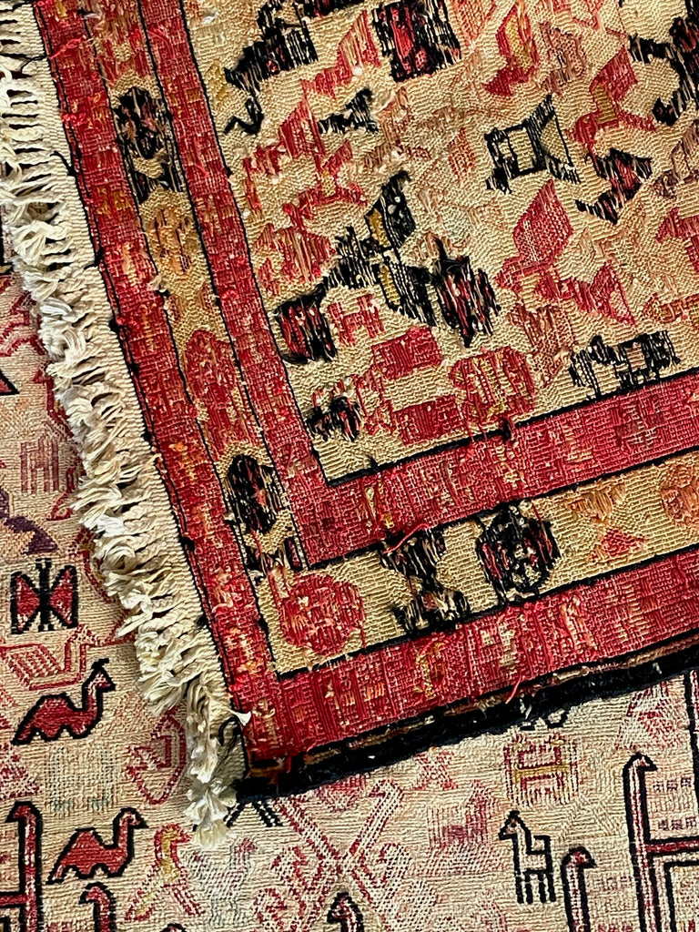 vintage small turkish carpet, terracotta with birds animals kilim rug tribal soumak kelim 