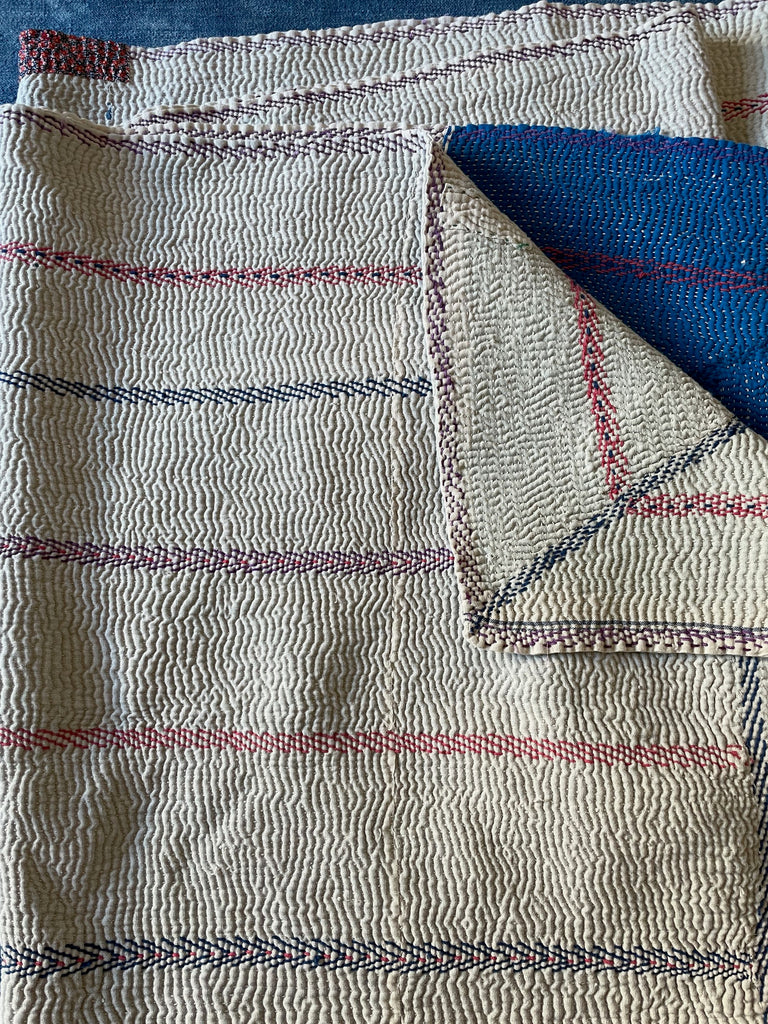 white vintage cotton indian kantha quilt embroidered bedspread washable comforter