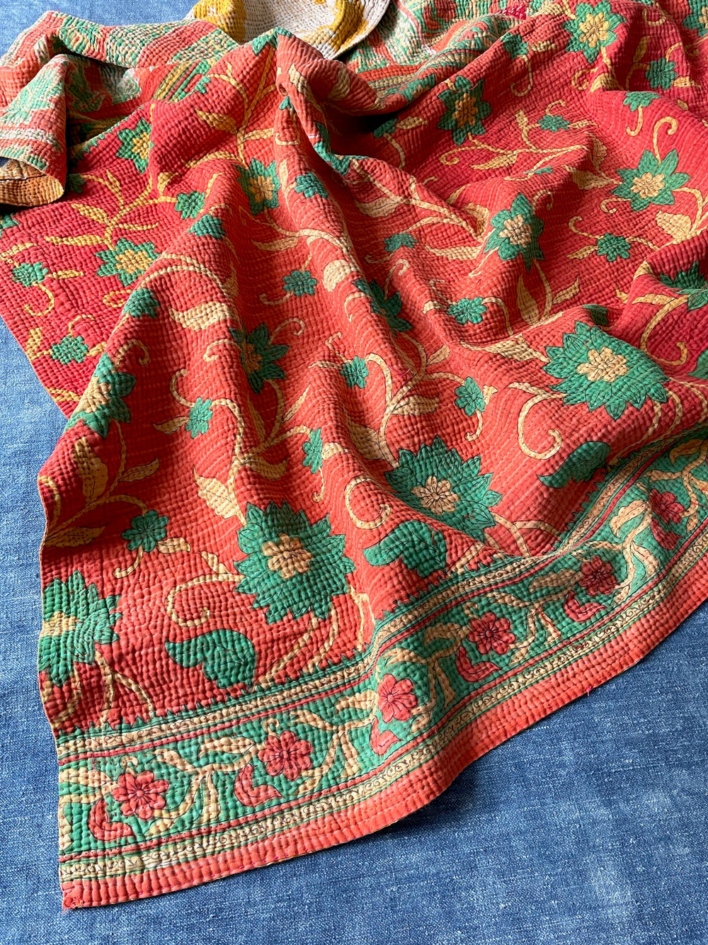 bright red orange green kantha quilt bedspread cotton sofa throw comforter washable indian