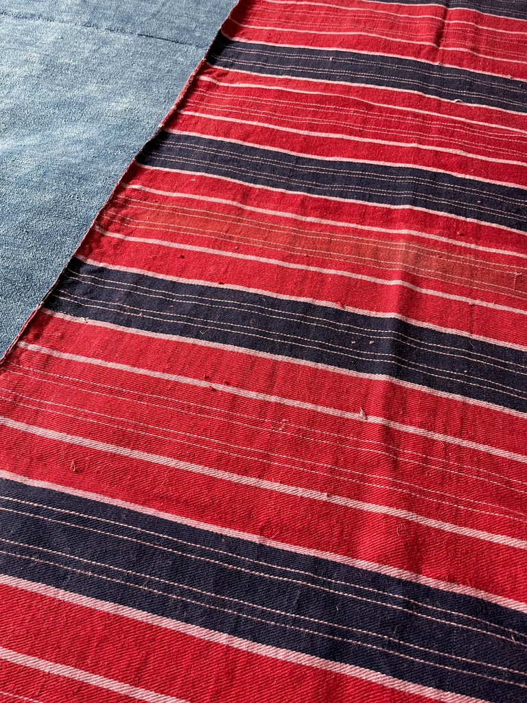 red navy and pink stripe vintage narrow loom fabric for cushions, upholstery. Folk textile