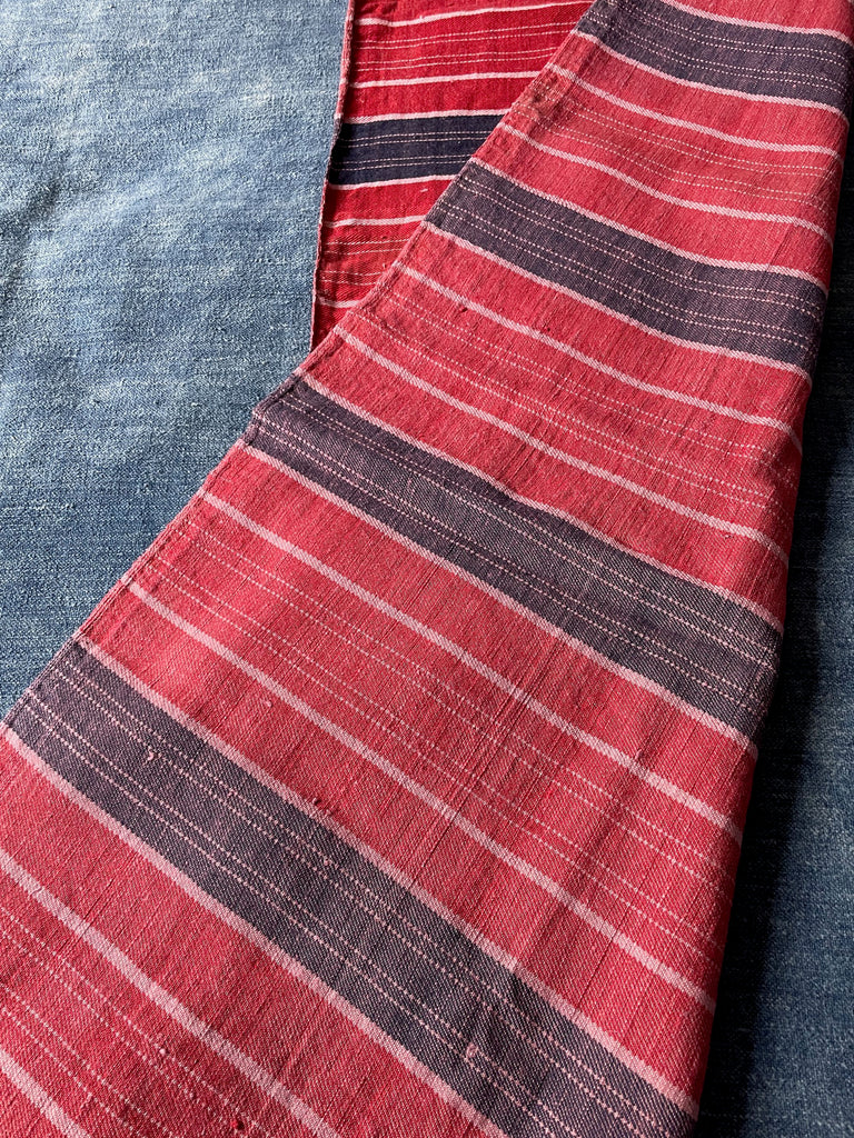 red navy and pink stripe vintage narrow loom fabric for cushions, upholstery. Folk textile