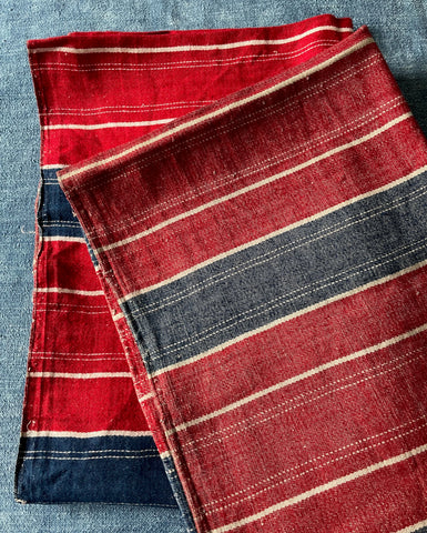 Red navy blue and white stripe fabric narrow loom vintage folk textile for cushion or upholstery