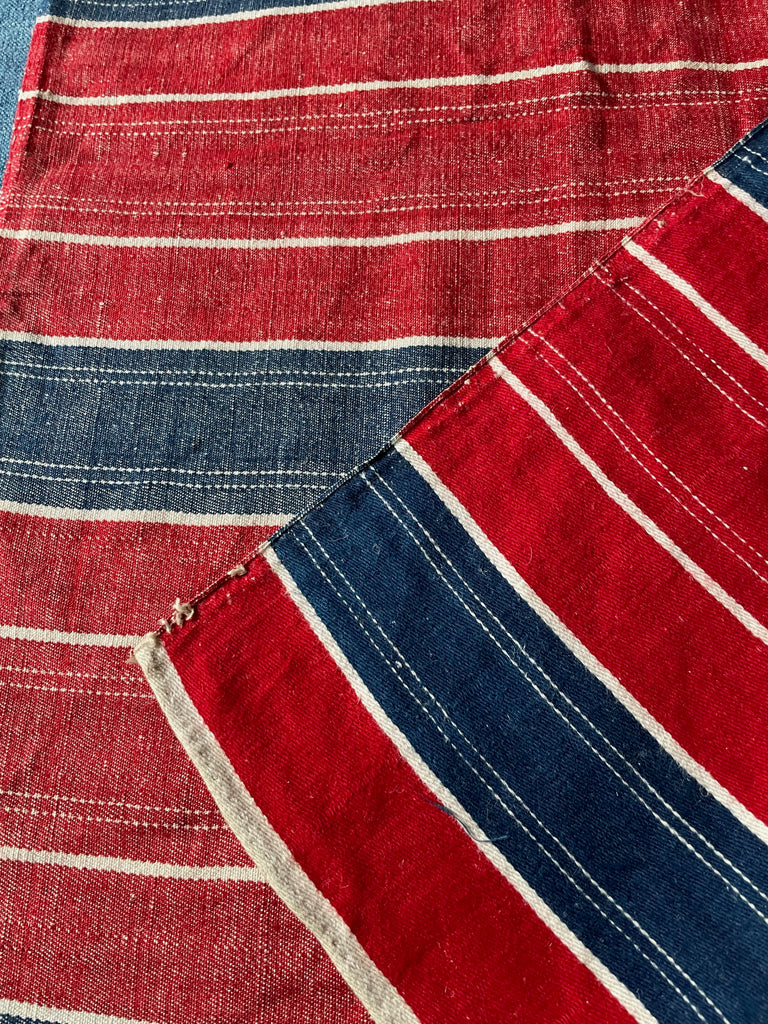 Red navy blue and white stripe fabric narrow loom vintage folk textile for cushion or upholstery