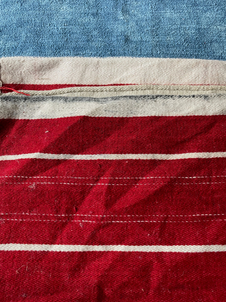 Vintage red navy blue white stripe narrow loom fabric for upholstery bench cushions or pillows