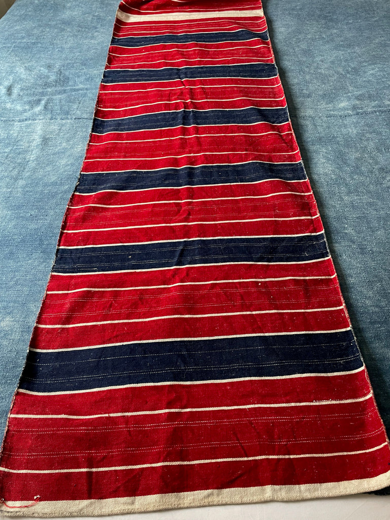 Vintage red navy blue white stripe narrow loom fabric for upholstery bench cushions or pillows