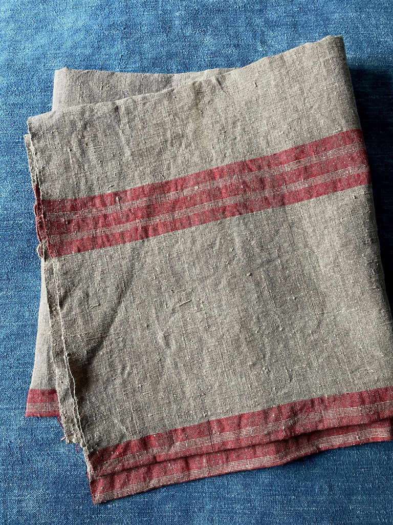 antique french rustic linen fabric with red stripe for upholstery, cushions or sewing projects