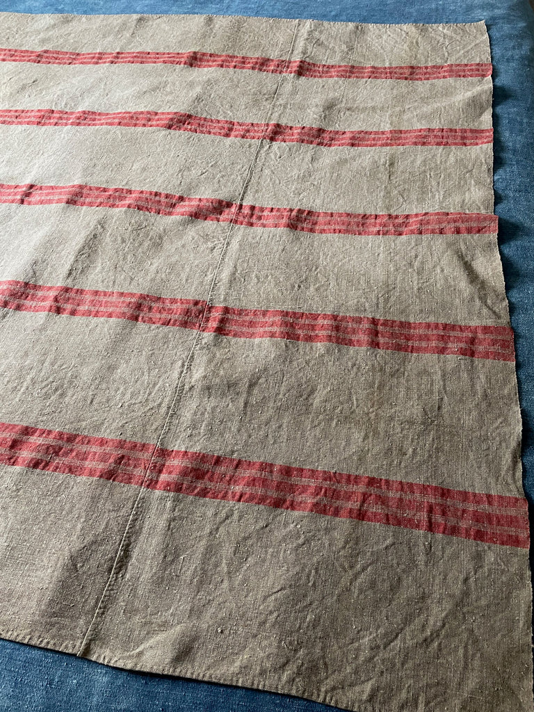 antique french rustic linen fabric with red stripe for upholstery, cushions or sewing projects