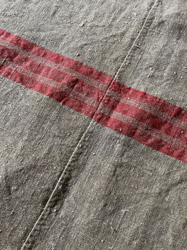 antique french rustic linen fabric with red stripe for upholstery, cushions or sewing projects