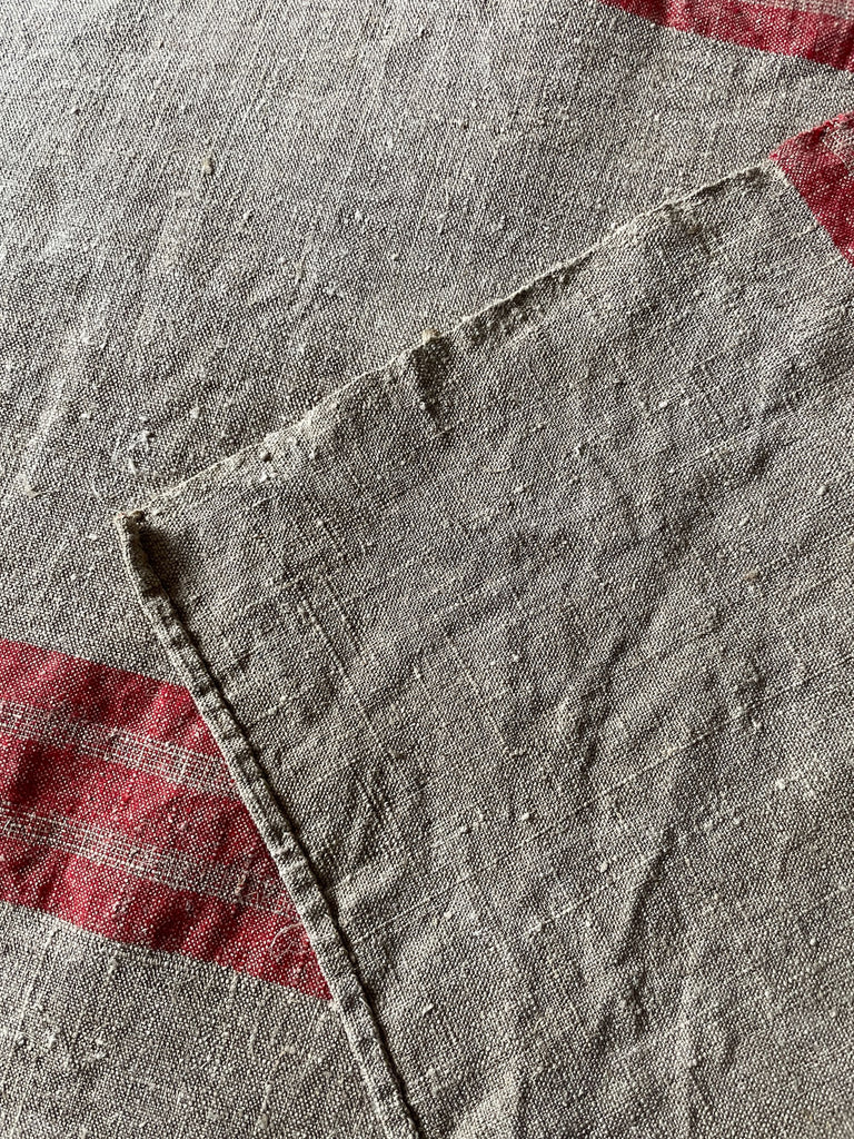 antique french rustic linen fabric with red stripe for upholstery, cushions or sewing projects