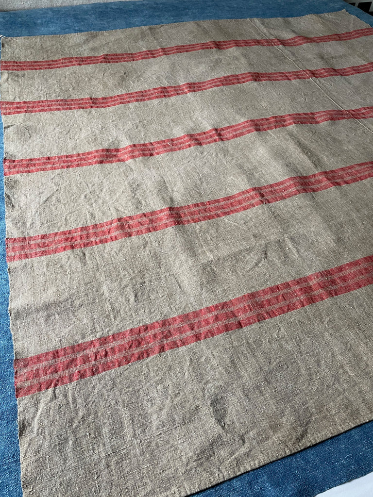 antique french rustic linen fabric with red stripe for upholstery, cushions or sewing projects